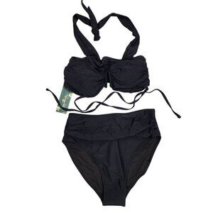 Black Two-Piece Ruched Halter Swimsuit Bikini High-Waisted Bottoms Size Small